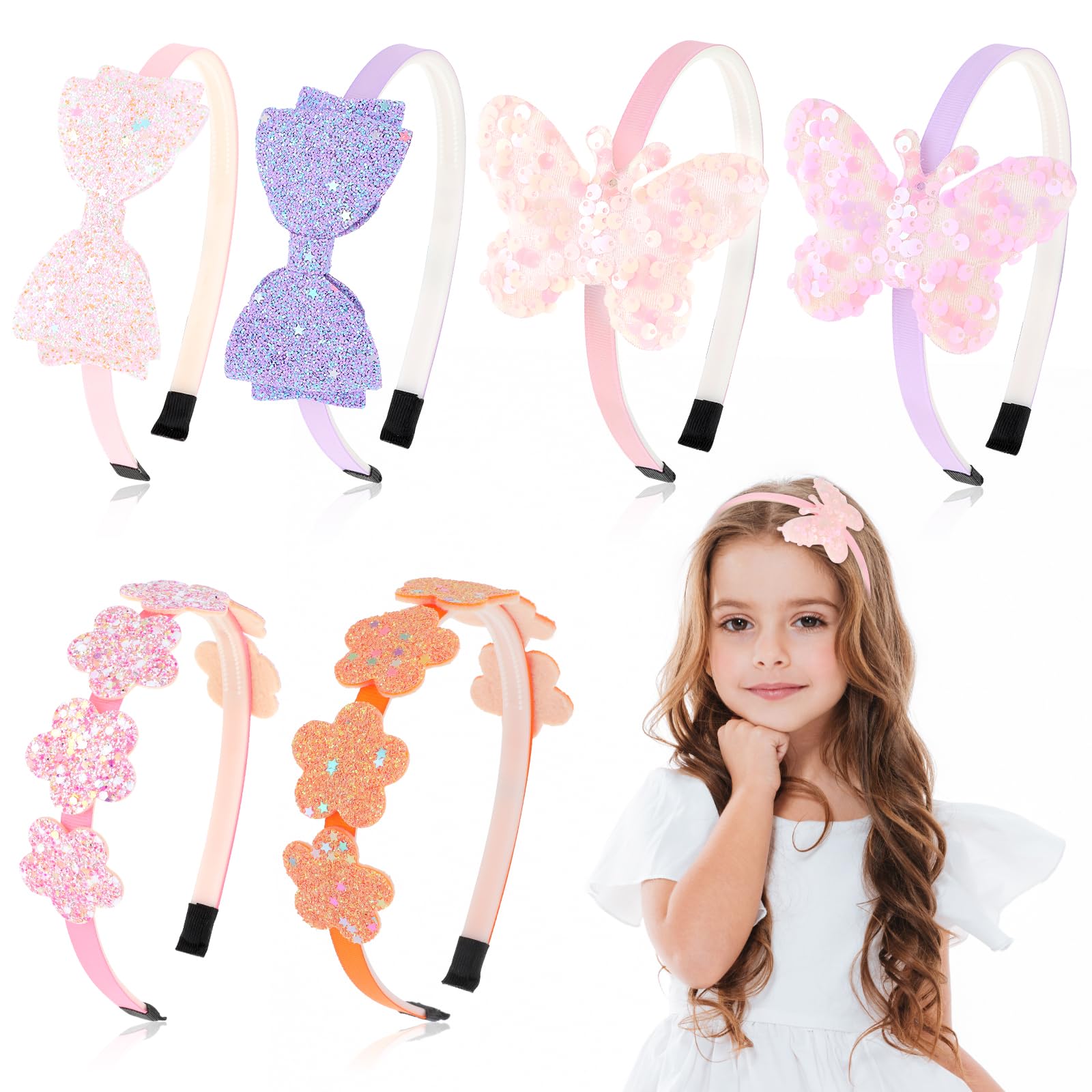 Glitter Headbands with Bow, 6 Pack Toddler Hair Accessories, Colorful Princess Headbands Bulk Plastic Sparkly Rainbow Butterfly Hair Accessories Bow Headband for Girls