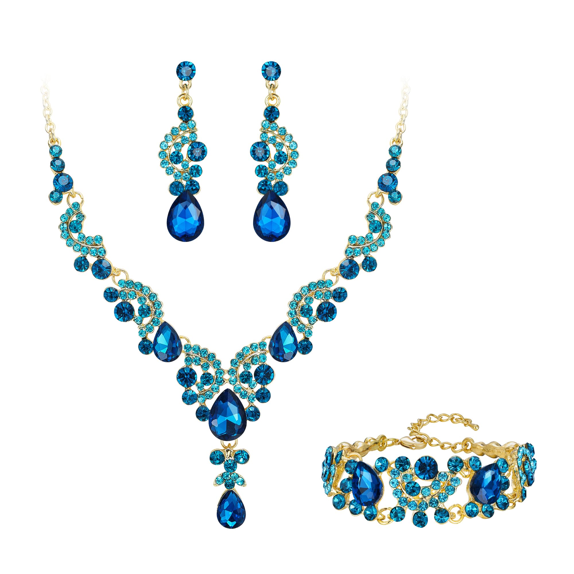 Ever Faith Wedding Jewellery Set for Women, Sparkly Rhinestone Crystal Vintage Floral Teardrop Brides Bridal Necklace Earrings Bracelet Sets Prom Party Costume Jewelry 3 Pcs Sky Blue Gold-Tone