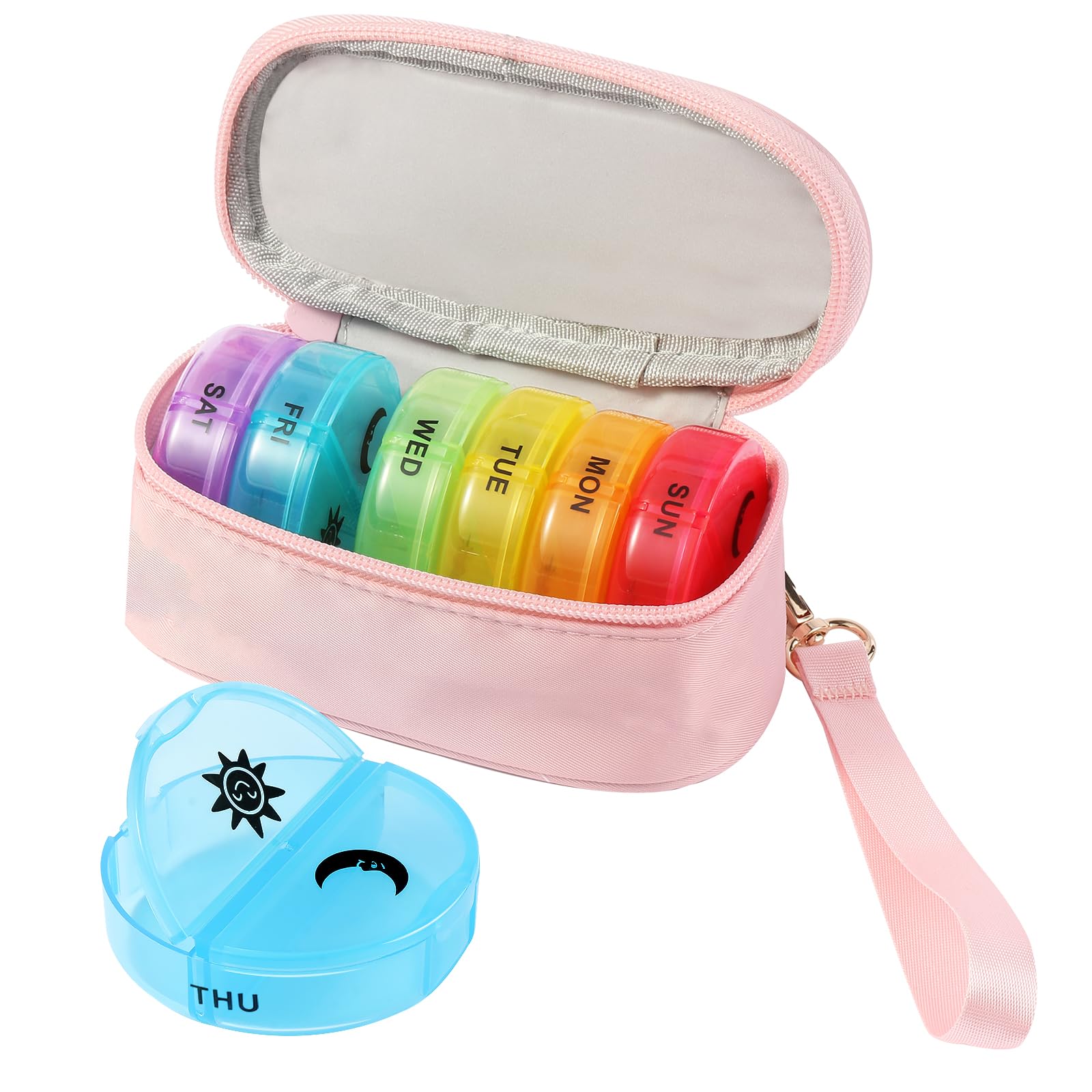 Photo 1 of Weekly Pill Organizer 2 Times a Day, Travel Pill Box 7 Day with Large Opening, Pill Case with Handle, Pill Dispenser Medicine Organizer for Vitamins, Fish Oils, Medications, Supplements (Pink, Small)