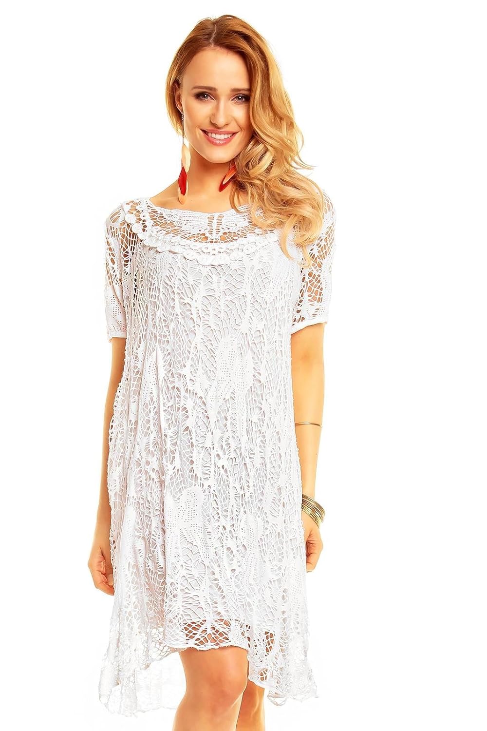 Italy Fashion Kleid Häkel Spitze Optik Sommerkleid Long ...