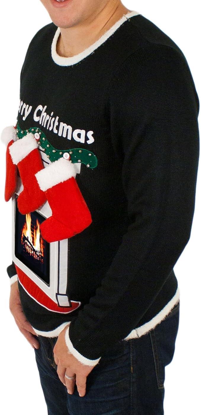 Amazon Com Lighted Fireplace Ugly Christmas Sweater With Tablet