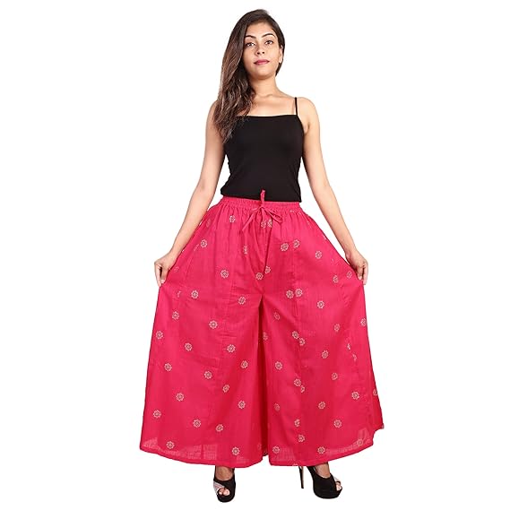 Women's Pure Rayon Hand Block Gold Printed Palazzo(Size: Free Size, Length: 41 Inches) (Pink)