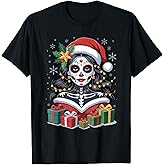 Christmas Sugar Skull Art Woman Santa Hat Festive Design T-Shirt