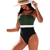 AI'MAGE Women's One Piece Swimsuit Color Block Bathing Suit Square Neck Swim Suits Vintage Retro Swimwear S-2XL