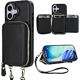 Bocasal RFID Blocking Wallet Case for iPhone 17, Adjustable Crossbody Zipper Purse Case Card Holder with Kickstand Detachable Wrist Strap, PU Leather Flip Folio Case 6.3 Inch 5G (Black)