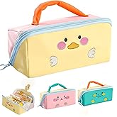 VTYFRY Cute Kawaii Pencil Case Pouch with Handle Cartoon Animal Large Capacity Pen Box Holder Organizer for Office Workspace Supplies Desk Accessories Travel Essentials Trendy Gift (Yellow Duck)