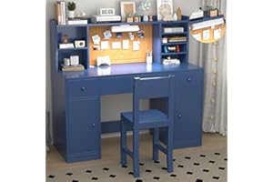 RUPOLX 48x20Inch Wooden Blue Kids Study Desk and Chair Set with Light, 3 Drawers and 4 Storage Cabinets, Children Desk with Hutch and Shelves, Girls Study Desk for Kids Bedroom-002