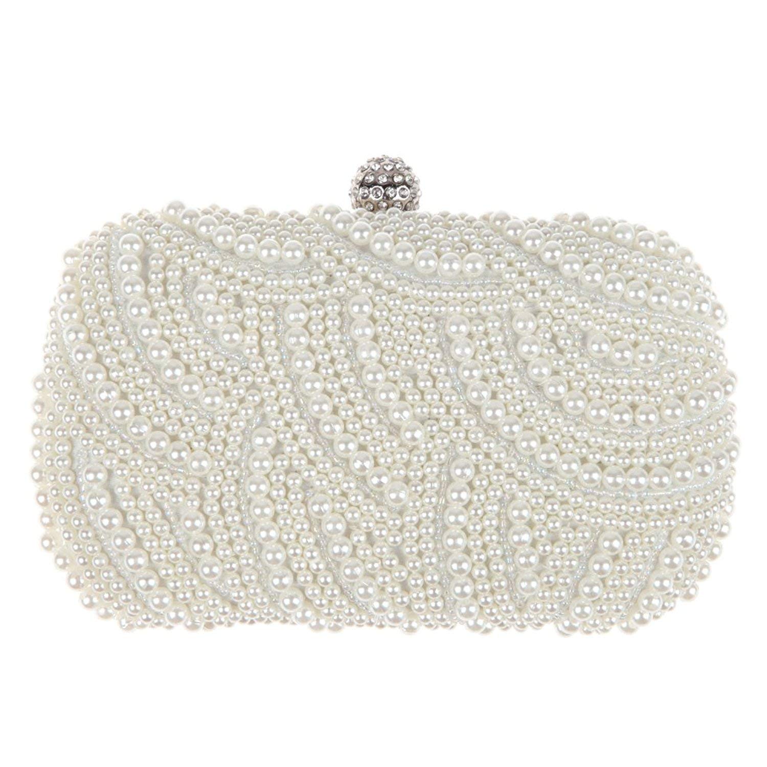 Tskybag Women's Hand Pearl Bag Ladies Gorgeous luxury Handmade Pearl Party Prom Wedding Evening Clutch Handbag Small Purse Bridesmaid Bag (B-White)(Size: Length 6.5inch(17cm)/ Width 4inch(10cm)/ Depth 2.5inch(6cm))