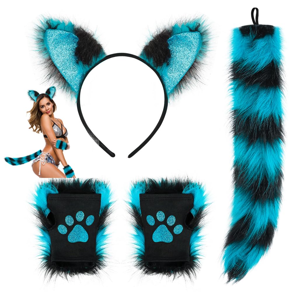 3Pcs Faux Fur Fox Cat Wolf Ears Headband Tail Gloves Set Fluffy Animal Ears Hairband Long Tail Paw Gloves Dress Up Fox Cat Halloween Carnival Cosplay Party Costume Fancy Dress Accessory For Women