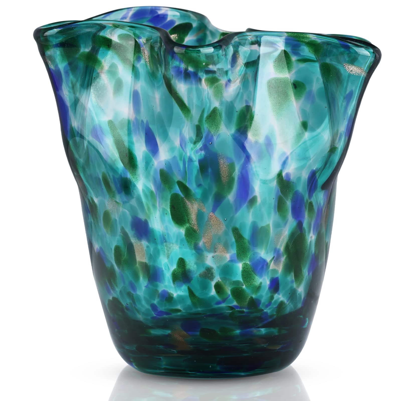 Blown Glass Vase - Wide Mouth Petal Vase, Modern Glass Art - Living Room, Kitchen, Wedding & Office Decoration