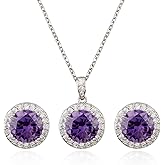 Bridal Crystal Jewelry Set - Sterling Silver Round Cubic Zirconia CZ Rhinestone Halo Birthstone Pendant Necklace Stud Earrings Set for Wedding Bride Bridesmaids Birthday Gift