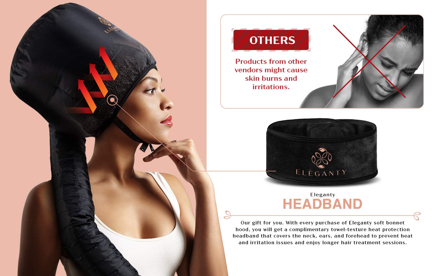 Eleganty Soft Bonnet Hood Hairdryer Attachment with Headband that Reduces Heat Around Ears and Neck to Enjoy Long Sessions - Used for Hair Styling, Deep Conditioning and Hair Drying (Black): Beauty