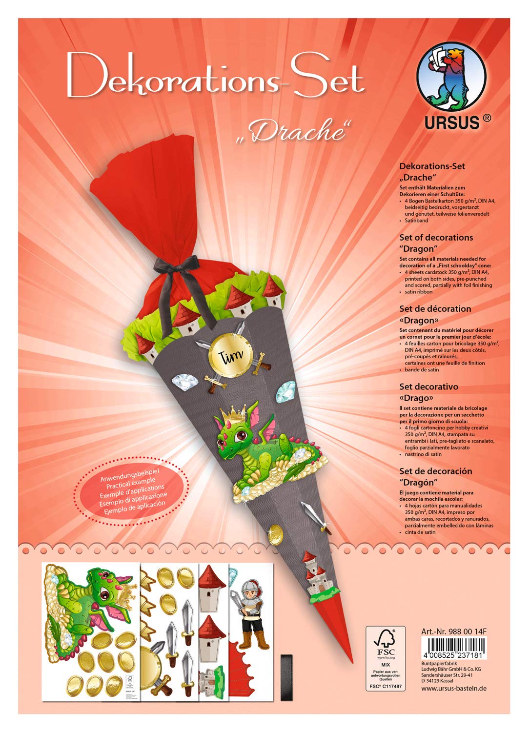 Ursus 9880014F Decoration Set Dragon 4 Sheets of Craft Card DIN A4 Printed on Both Sides Pre-Cut Grooved Partially Glitter or Finished with Satin Ribbon Set for Decorating a School Cone