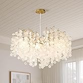 VBKK 24-Inch Capiz Shell Chandelier, 8-Light Gold Coastal Chandelier, Modern Crystal Tree Branch Chandeliers, Boho Light Fixt