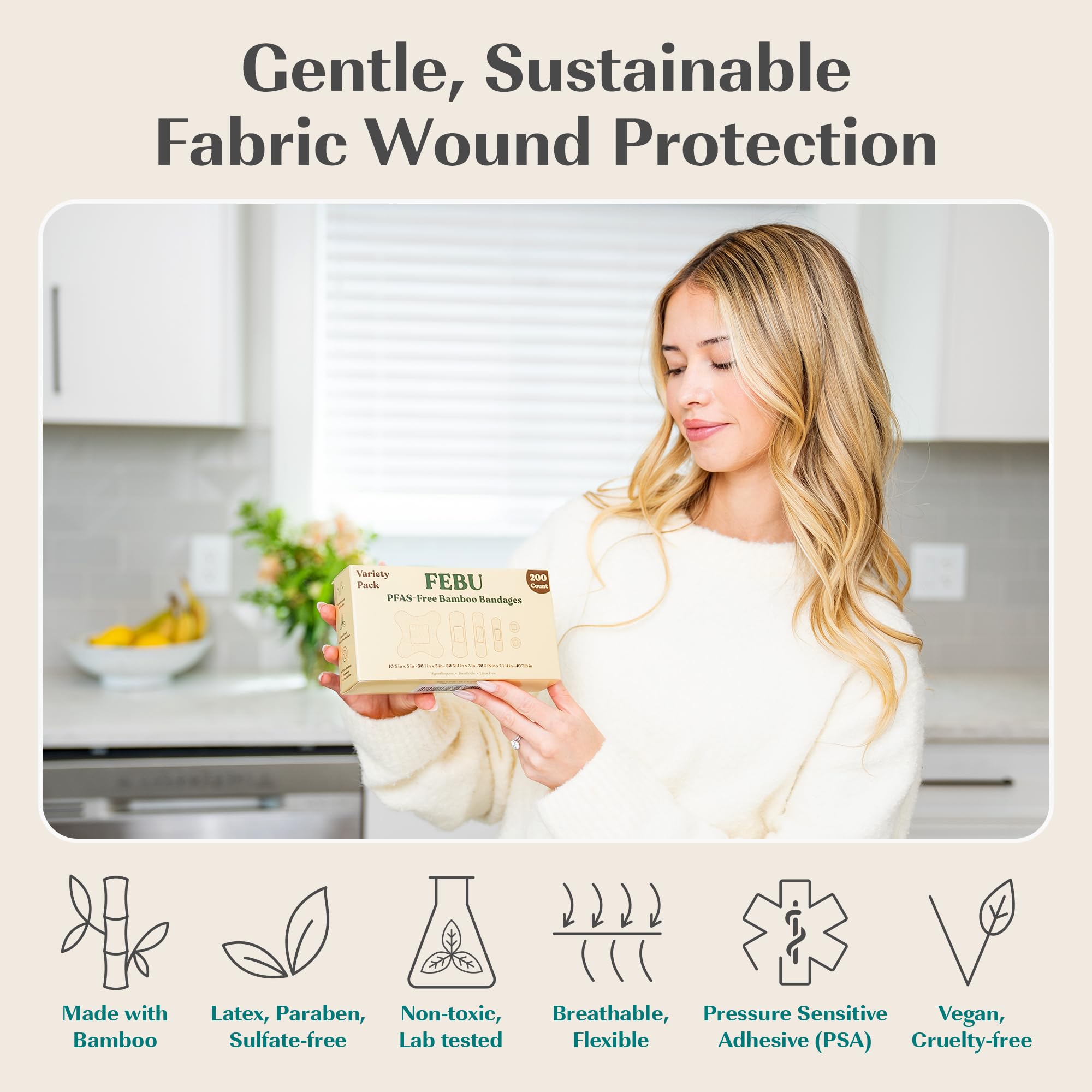 FEBU Eco-Friendly Bamboo Fabric Bandages | PFAS Free Flexible Fabric Bandages | Natural Hypoallergenic Bandage for Scrapes, Cuts & First Aid | Fully Compostable, Latex Free Bandage | 75 Count Strip