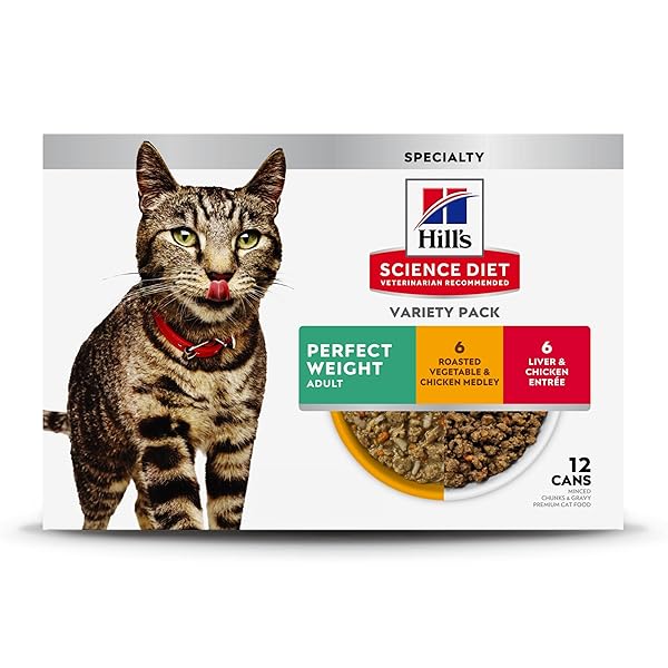 HILL’S SCIENCE DIET PERFECT WEIGHT, ADULT 1-6, WEIGHT MANAGEMENT SUPPORT, WET CAT FOOD, VARIETY PACK: LIVER & CHICKEN MINCED; CHICKEN STEW, 2.9 OZ. CANS, CASE OF 12