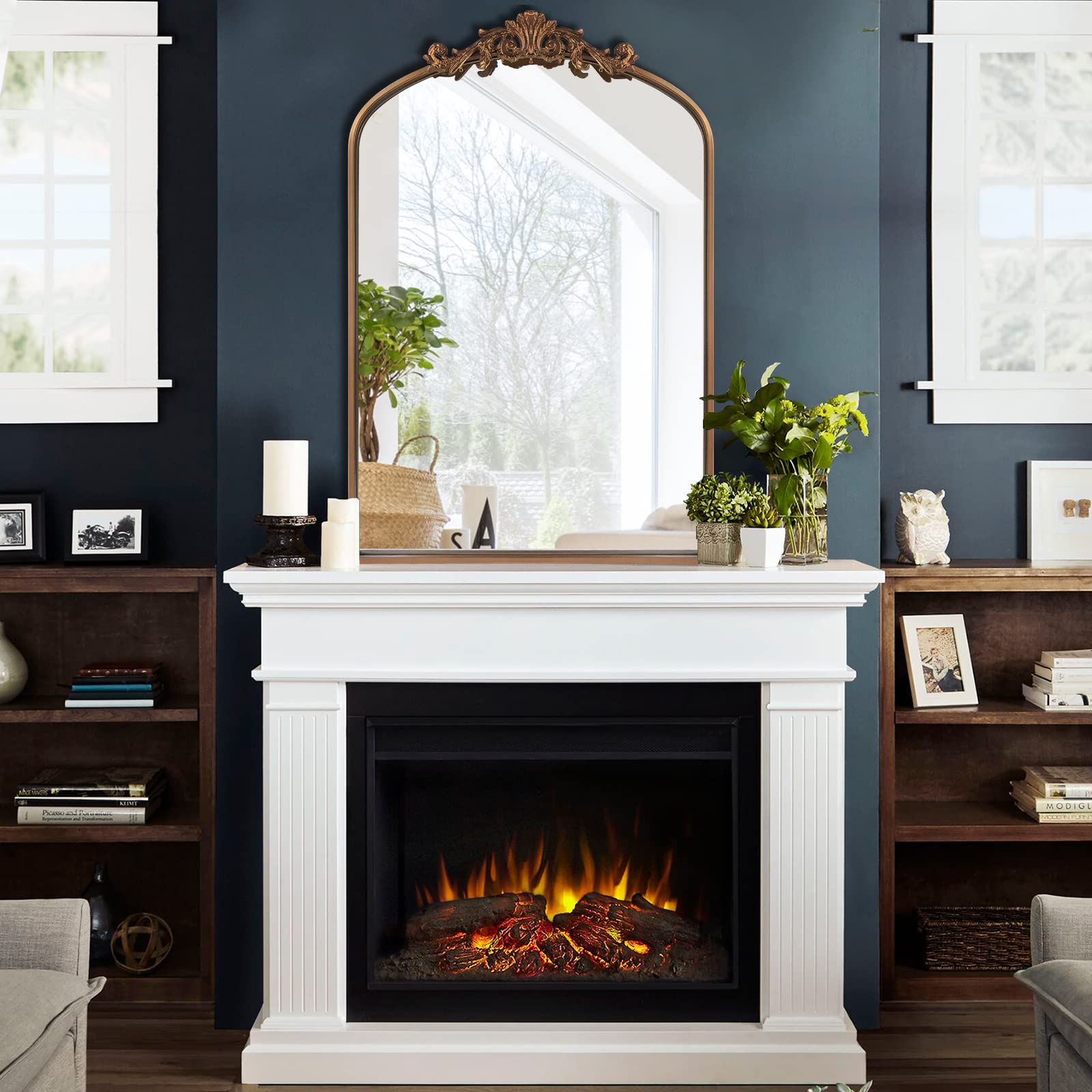 HQiJun Wall Mirror Window Decorative Traditional Vintage Ornate Baroque Mirrors Antique Arched Farmhouse for Living Room Bedroom Entryway Bathroom Vanity (24 * 36 * 1.2, Gold)