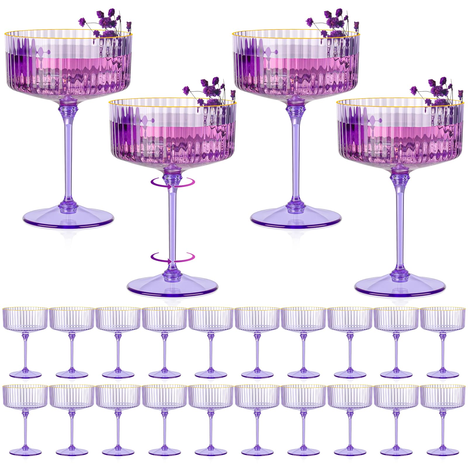 Photo 1 of 24 PCS Ribbed Coupe Glasses Purple Plastic Champagne Coupe Cup 10oz Detachable Gold Rim Espresso Martini Glass Vintage Margarita Glassware Cocktail Glass Disposable for Halloween Bridal Showers