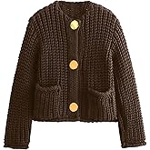 Hvewarm Womens Fall Chunky Knit Cardigan Gold Button Down Long Sleeve Crop Crochet Sweater