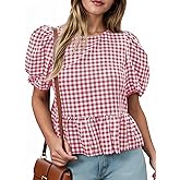 Cicy Bell Womens Puff Sleeve Gingham Blouse Summer Ruffle Peplum Babydoll Tops Cute Plaid Cotton Shirts