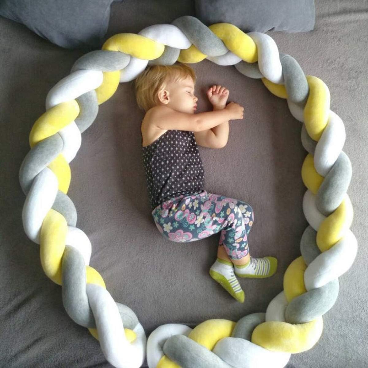 Baby Crib Bumper Knotted Braided Plush Nursery Cradle Decor Newborn Gift Pillow Cushion Junior Bed Sleep Bumper White+Yellow+Gray 156 inch