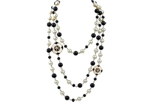 MISASHA Vintage Inspired Imitation Pearl Long Strand Black and White Camellia Flower Costume Layered Necklace, Statement Multiple Strands Pendant for Women, Jewelry Gift