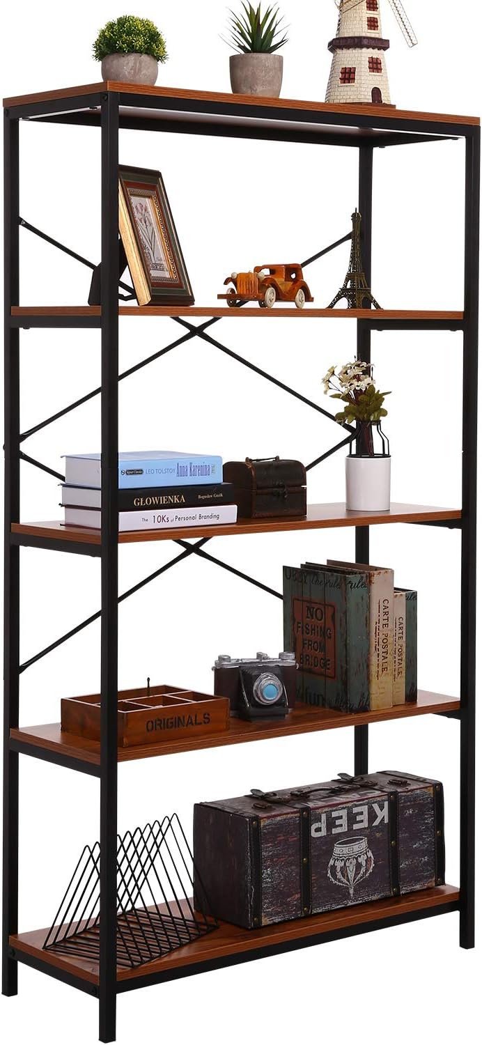 OPPSDECOR 5 Tier Tall Bookcase, 32" Wide 58“Tall, Rustic Wood and Metal Bookshelf, Industrial Vintage Book Shelf, Open Back Modern Bookcases for Living Room Bedroom Office(US Stock)