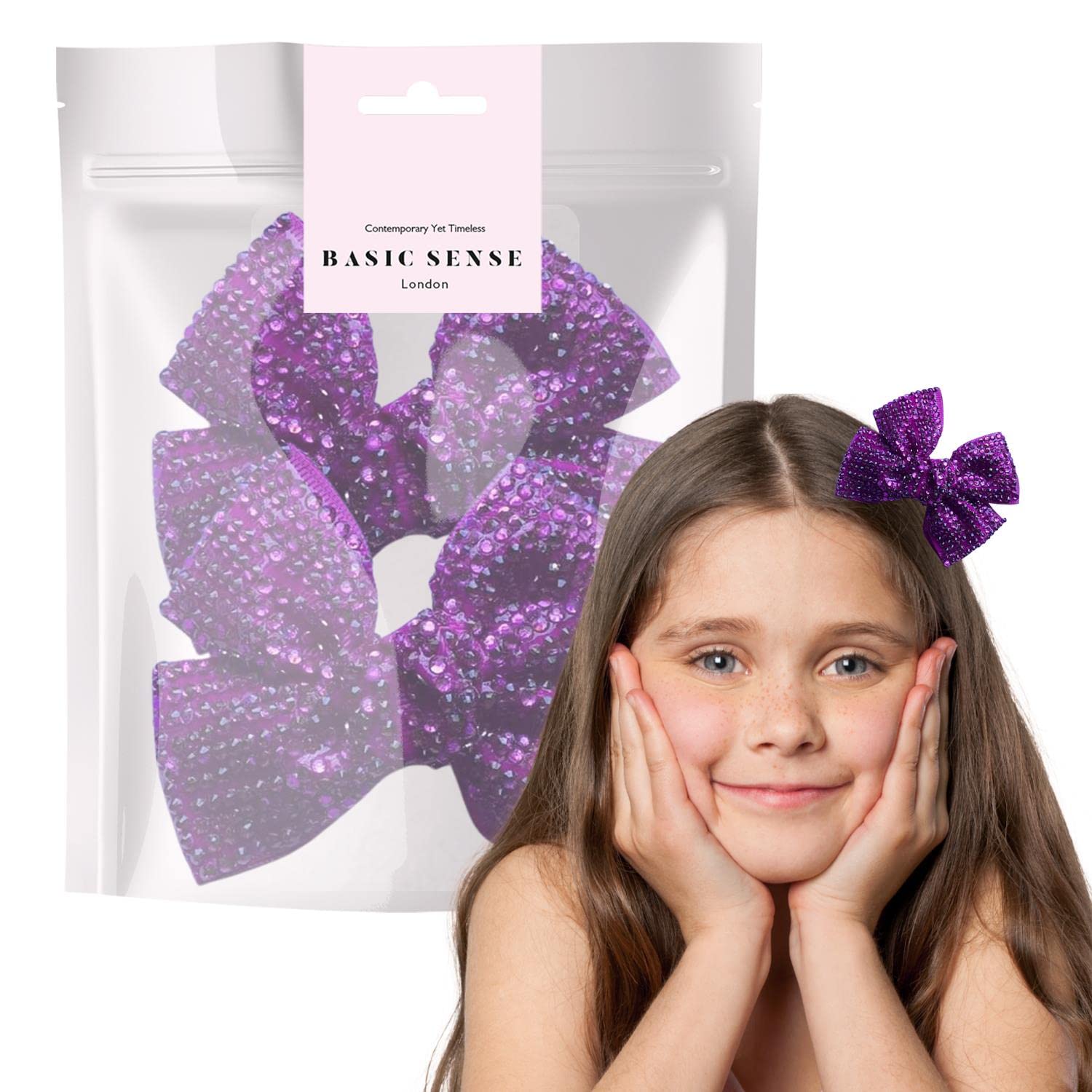 BasicSense 2 Pieces Rhinestone Bow Hair Clips Diamante Ribbon Crocodile Alligator for Girls, Purple