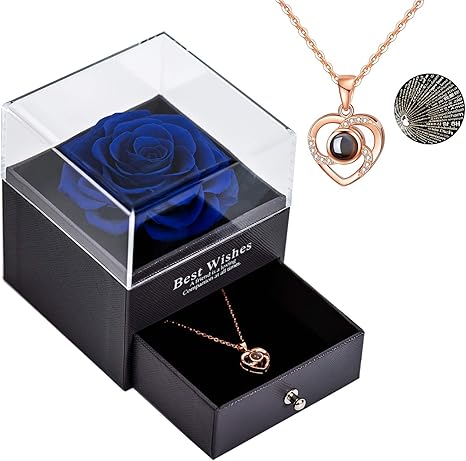 Amazon Com Preserved Flower Rose With Love You 100 Languages Necklace Box Gift For Her Birthday Gift For Women Rose Gift Present For Wedding Anniversary Valentine S Day Mother S Day Christmas Blue Home