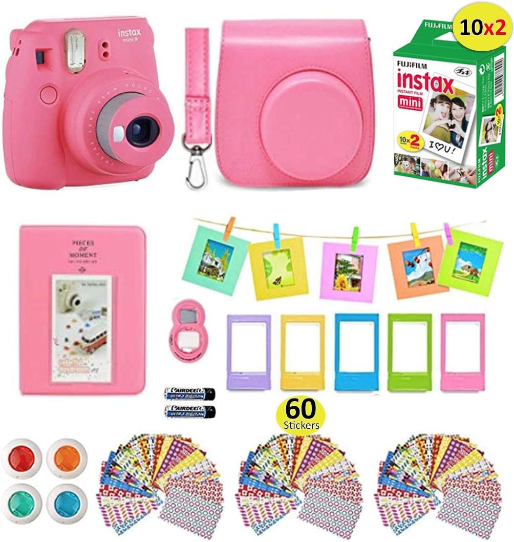Fujifilm instax Mini 9 Instant Camera Flamingo Pink + 20 Instant Film Pack, Instax Case + Instax Accessories Bundle, Kit Includes, Albums, Selfie Lens, 4 Color Lenses, Magnets Frames, by Shutter