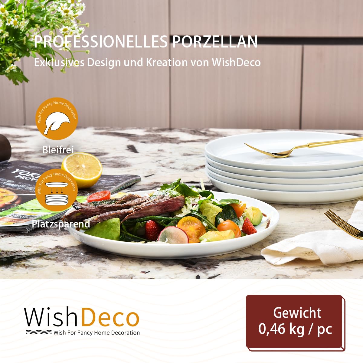 WishDeco Keramik Teller 6er Set, Flache Speiseteller 23cm, Geschirrset Weiß, Porzellan Essteller, Dinner Plate für Salat, Pasta, Pizza 4