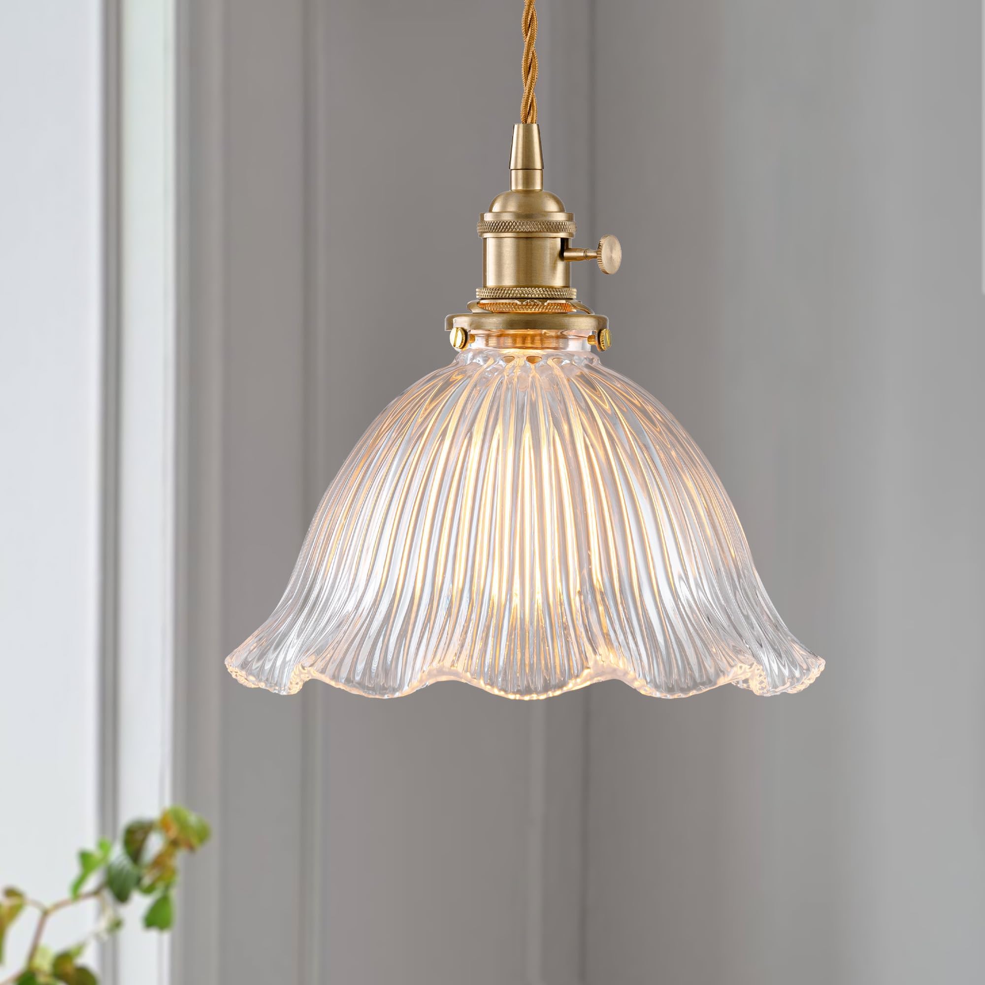 Photo 1 of 1-Light Brass Gold Vintage Pendant Light, Flower Glass Shade Adjustable Height Hanging Light Fixture, E26 Base Retro Farmhouse Pendant Lighting for Kitchen Island Dining Room Bedroom Bathroom