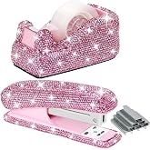 MultiBey Rhinestone Stapler and Tape Dispenser with 1000 Staples &amp; Tape | Bling Crystal Handmade Pink Stapler &amp; Tape Holder, Pretty Office Stationery Kit &amp; Desk Accessories for Women Girls Ladies