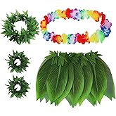 Semato 5 Pcs Hawaiian Leaf Skirt Set for Luau Party Garland Leis Headband Bracelets Halloween Costume Hawaiian Party Supplies