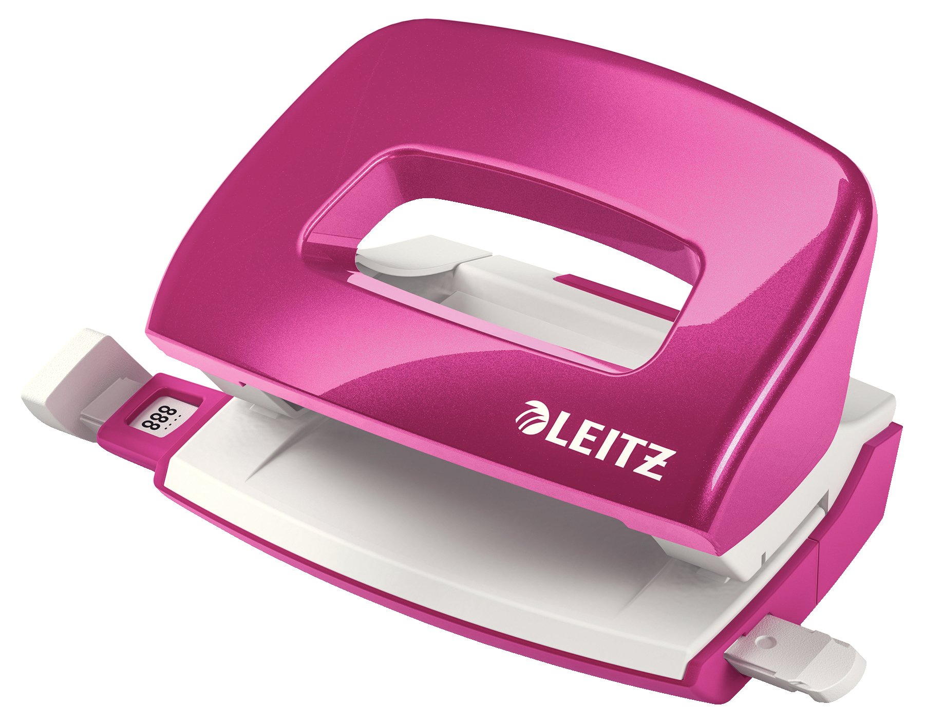 Leitz Mini Hole Punch, 10 Sheets, Guide Bar with Format Markings, Metal, WOW Range, 50601023 - Metallic Pink