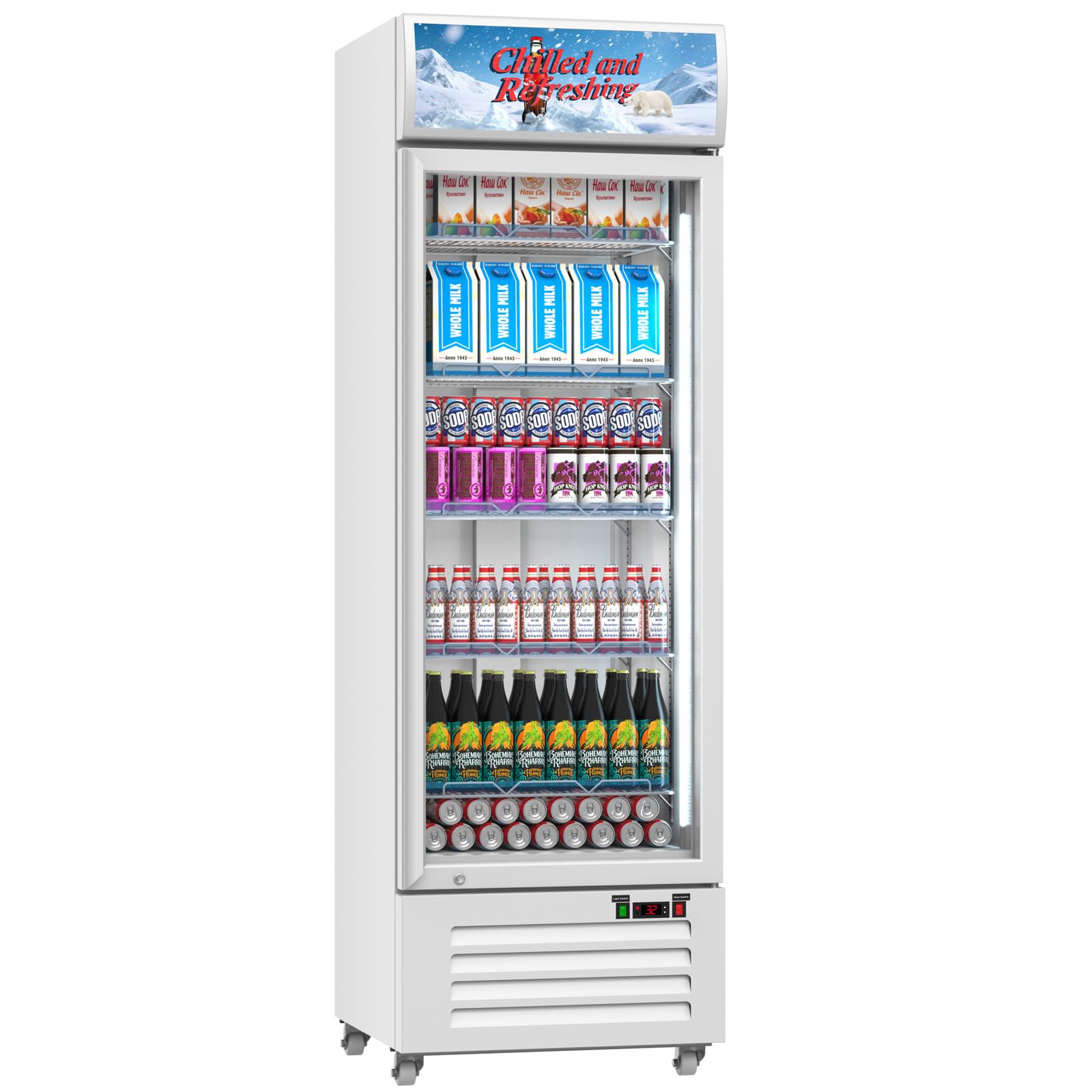 Velieta Commercial Beverage Refrigerator with Glass Door, 383L Display Fridge Beverage Cooler with Customizable Lightbox Adjustable Shelves, Drink Fridge Merchandiser for Restaurant Shop, White Image