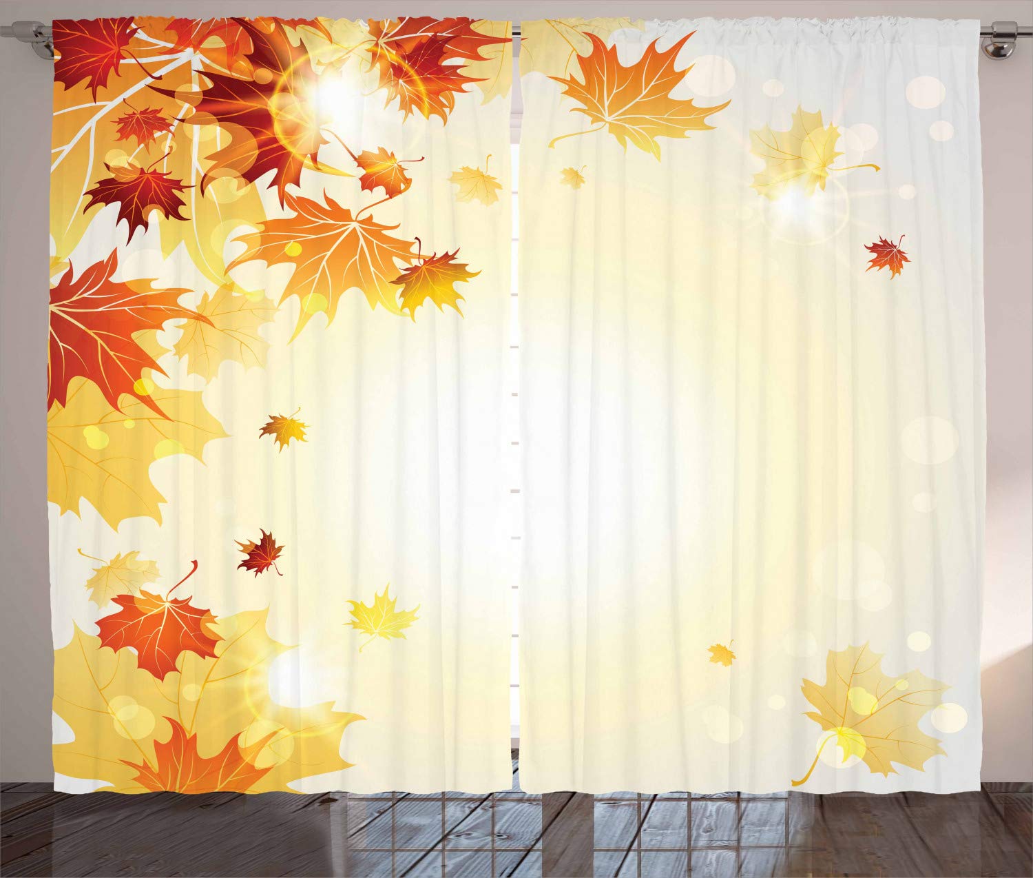 ABAKUHAUS Autumn Curtains, Fall Season Composition with Flying Dried Maple Tree Foliage, Living Room Bedroom Window Drapes 2 Panel Set, 280 x 260 cm, Orange Mustard