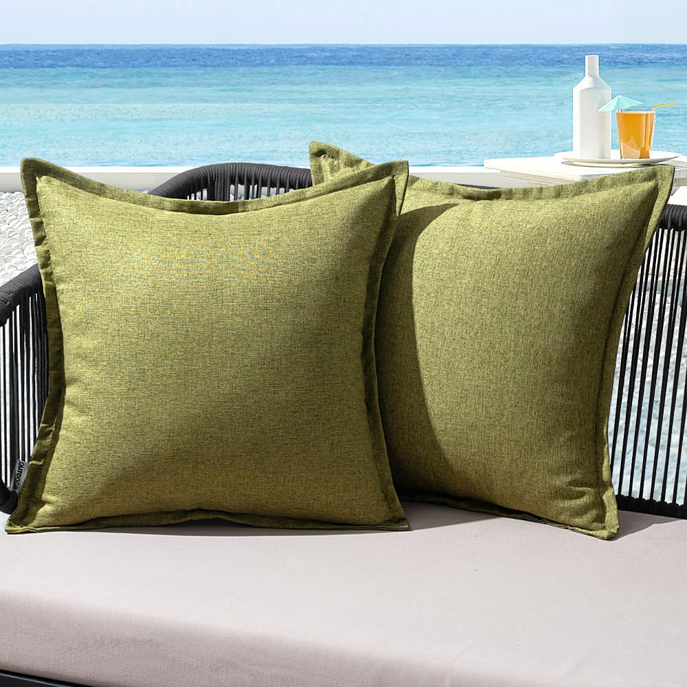 MIULEE Outdoor Cushions Waterproof Faux Linen Decorative Outside Cushion Covers Water Resistant for Garden Sofa Livingroom Chair Bedroom Tent Park Patio 40x40cm Set of 2 Dark Green