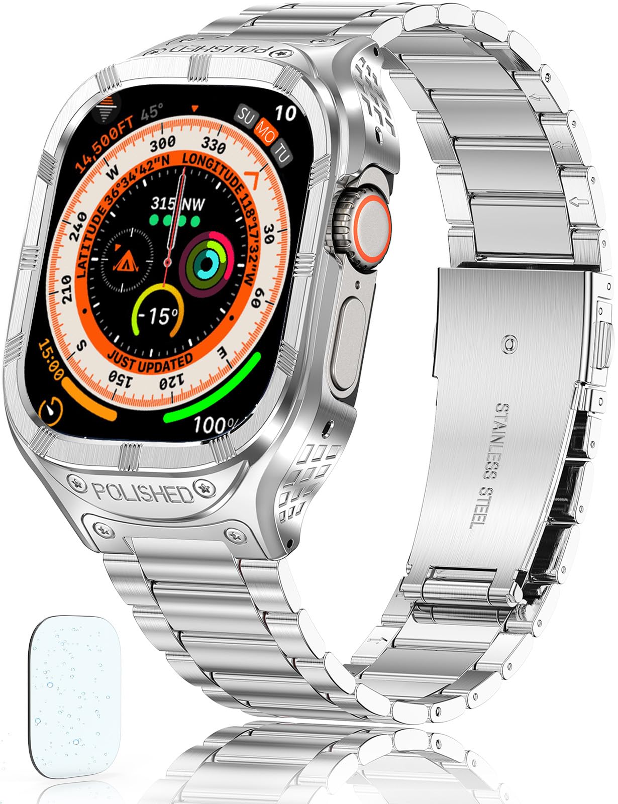 San Jeirie for Apple Watch Ultra Strap 49mm,Stainless Steel Apple Watch Ultra Band and Case,Rugged Metal Protective Bumper Cover with Military Soft TPU Case for Men iWatch Strap (Silver-3)