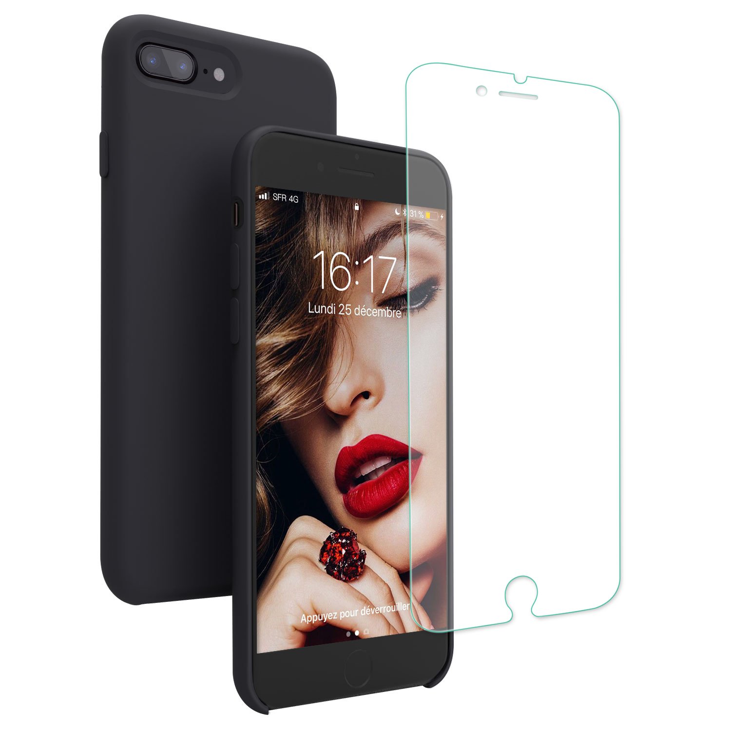 Coque iPhone 7 plus / 8 plus, JASBON Coque Silicone Liquide Anti-rayure avec Protecteur d\'écran Gratuit, Housse Protection Anti-patinage Case de Style Classique pour iPhone 7 plus / 8 plus – Noir