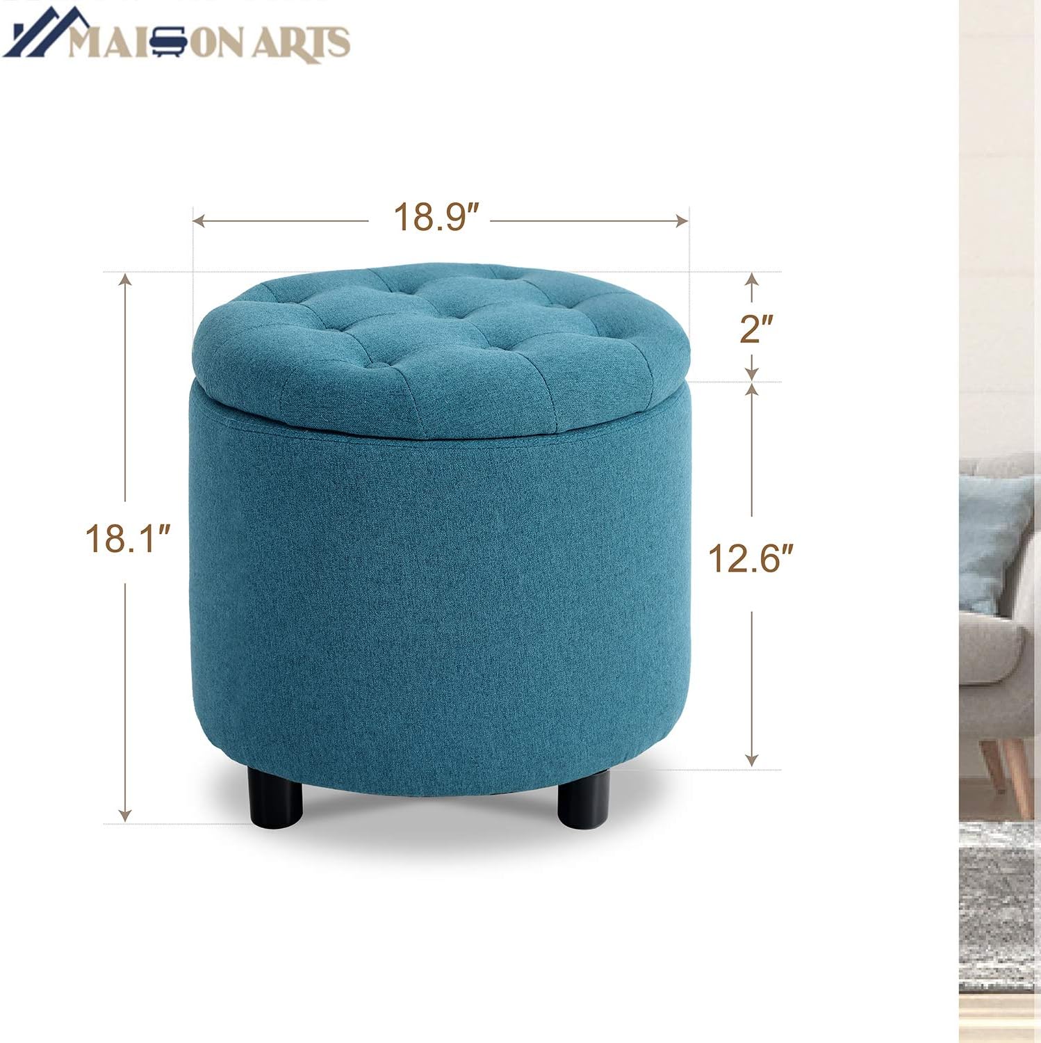 MAISON ARTS Round Storage Ottoman Foot Stool Vanity Stool Tufted Pouf Ottoman Side Table for Living Room Bedroom Seat Dressing Chair Footrest, 4 Legs, Blue: Kitchen & Dining