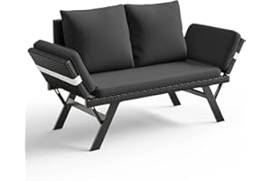 TAVATA Outdoor Convertible Sofa, PE Woven Rattan Patio Loveseat with Adjustable Armrests & Removable Cushions, Outdoor Daybed or Balcony Couch with 2 Pillows for Patio, Porch, Poolside (Black)