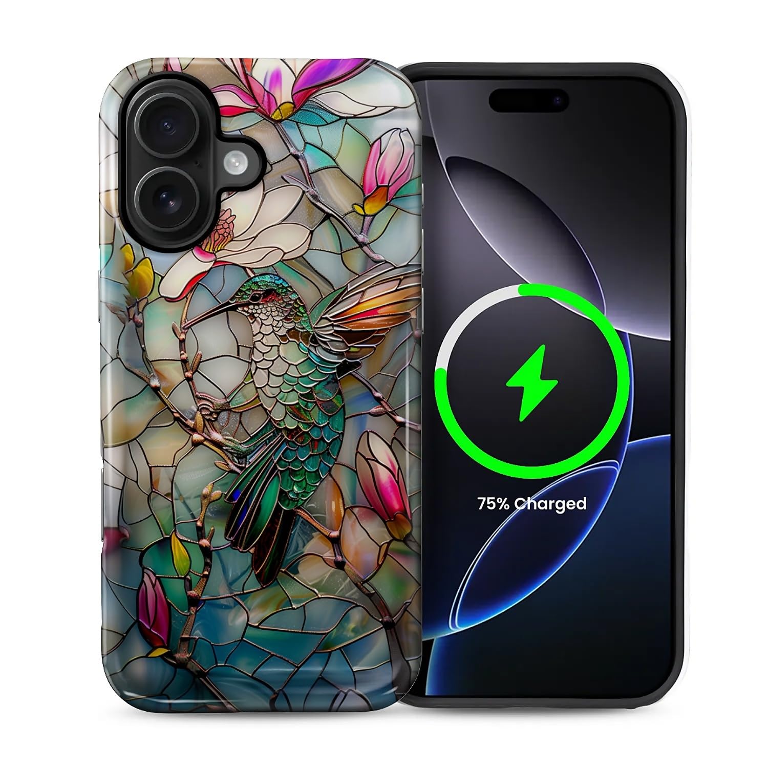 Photo 1 of Punmada for iPhone 16 Case for MagSafe,Hard Hybrid Shell Shockproof Silicone Full Body Protective Glossy Case for iPhone 16 3D Stained Flower Looking Hummingbird Pattern