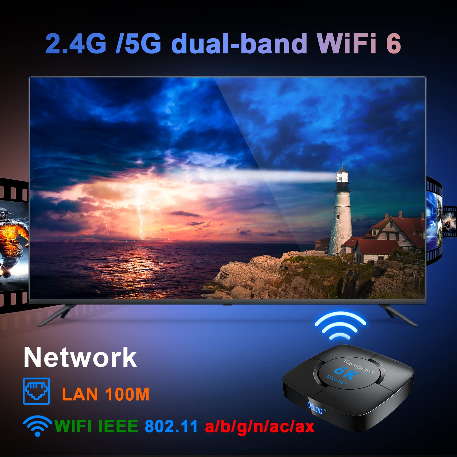 Android 12 TV Box WiFi 6 Dual-WiFi 2.4G 5G 4GB RAM 64GB ROM TV Box Android 2023 Support 8K 6K 3D USB2.0 H.265 BT5.0 with Mini Keyboard