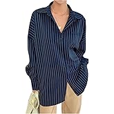 GORGLITTER Women's Oversized Striped Button Down Shirts Boyfriend Dressy Casual Long Sleeve Collared Work Blouses Tops