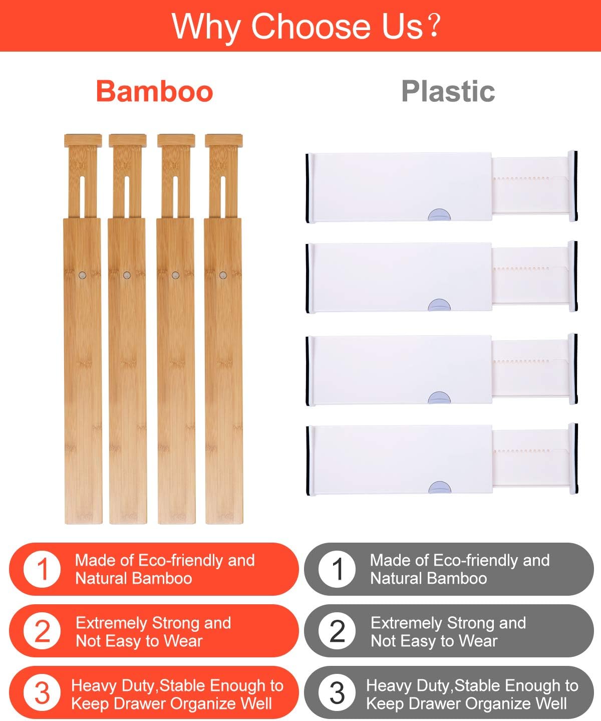 Drawer Dividers Bamboo Organizer Kitchen Clothes Utensils Spring Adjustable Expandable Storage Separators for Bedroom Bathroom Office Set of 4 Pack: Home Improvement