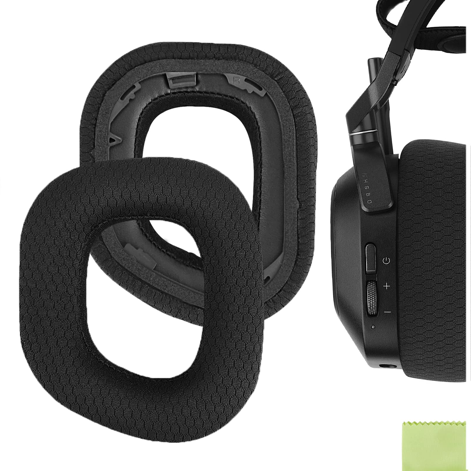Geekria Comfort Mesh Fabric Replacement Ear Pads for Corsair HS80 Max/ HS80 USB Wired/ HS80 RGB Wireless Gaming Headphones, Repair Parts (Black)