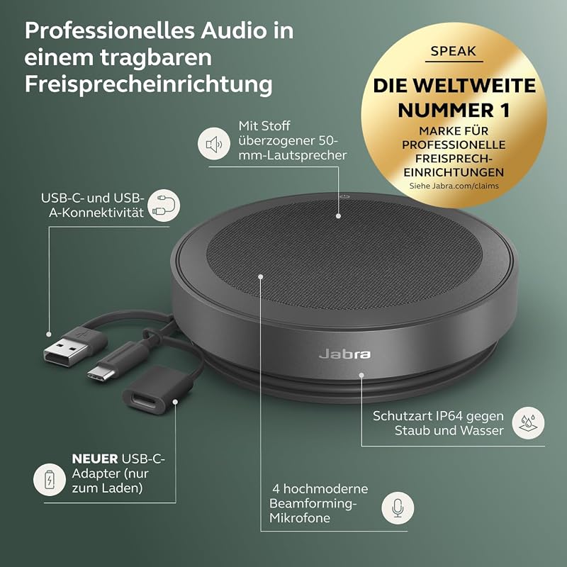 Speak2 75 schnurlose Bluetooth-Freisprechlösung, 4 Mikrofone mit Geräuschunterdrückung, 65 mm Breitband-Lautsprecher, Super-Breitband-Audio, für MS-Teams Zertifiziert, Dunkelgrau