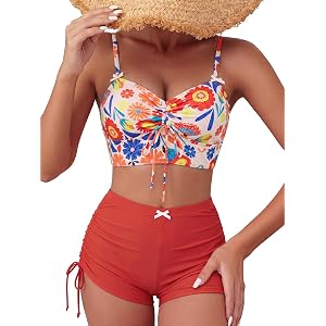 Wiepux Women High Waisted Bikini Sets Tummy Control Swimsuits Shorts | Tie Front Bikini Top, Drawstring Boyshort, Removable P