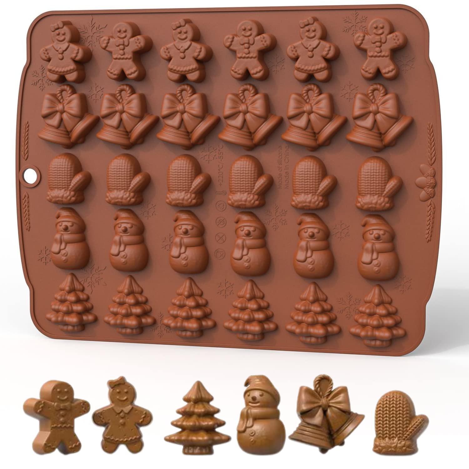 Christmas Silicone Mold,1 Pack 30-Cavity Christmas Chocolate Mold Candy Mould Gingerbread Man and Girl,Tree,Snowman,Bell and Glove Shape Mold for Chocolate,Candy,Jelly DIY